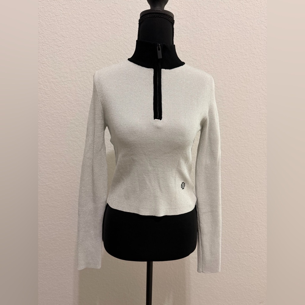 MAJE Lurex Silver & Black Ribbed Turtleneck Sweater